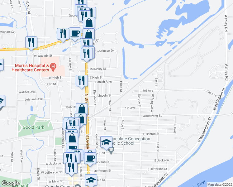 map of restaurants, bars, coffee shops, grocery stores, and more near 622 Lincoln Street in Morris