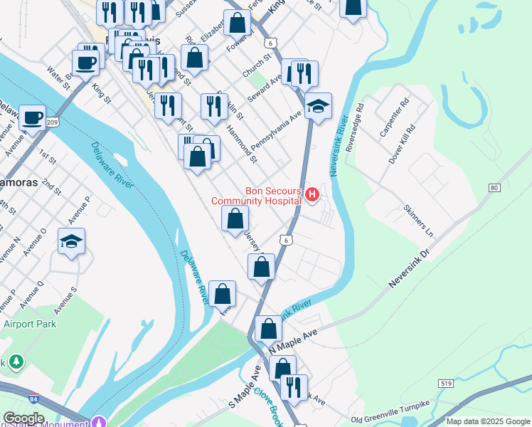 map of restaurants, bars, coffee shops, grocery stores, and more near 187 Ball Street in Port Jervis