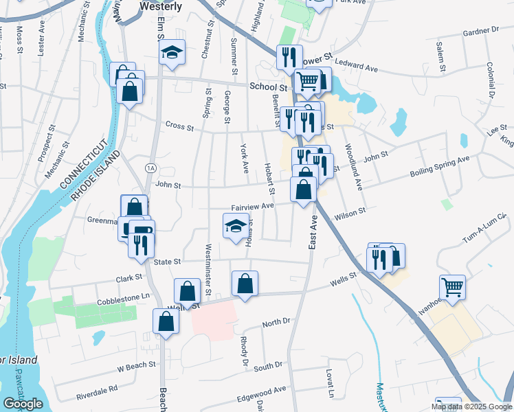 map of restaurants, bars, coffee shops, grocery stores, and more near 26 Fairview Avenue in Westerly