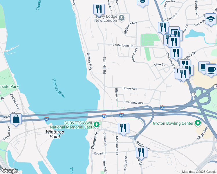 map of restaurants, bars, coffee shops, grocery stores, and more near 33 Grove Avenue in Groton