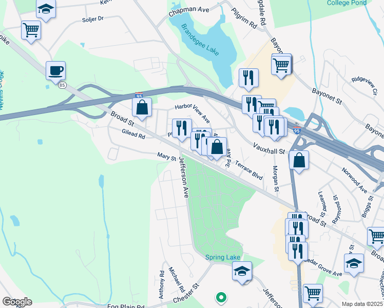 map of restaurants, bars, coffee shops, grocery stores, and more near 655 Broad Street in New London
