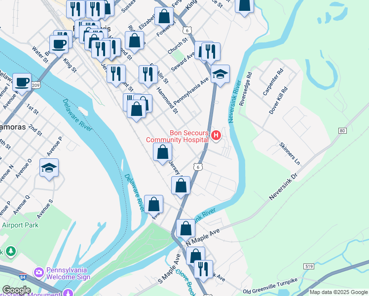 map of restaurants, bars, coffee shops, grocery stores, and more near 187 Ball Street in Port Jervis
