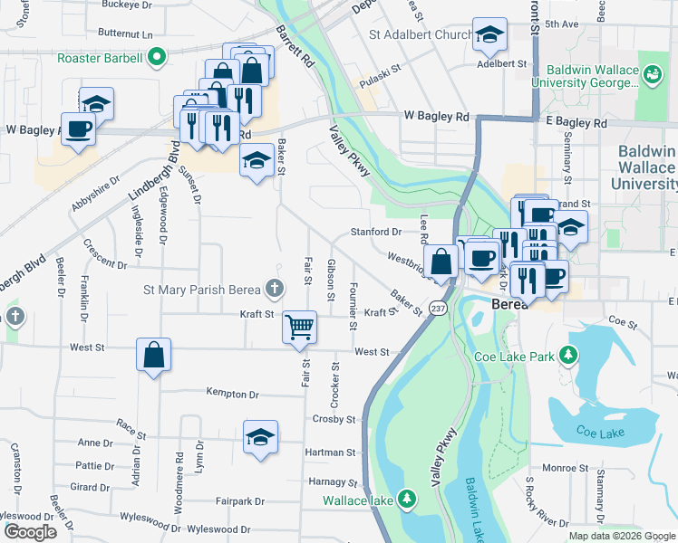 map of restaurants, bars, coffee shops, grocery stores, and more near 203 Gibson Street in Berea