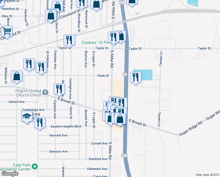 map of restaurants, bars, coffee shops, grocery stores, and more near 525 South Abbe Road in Elyria