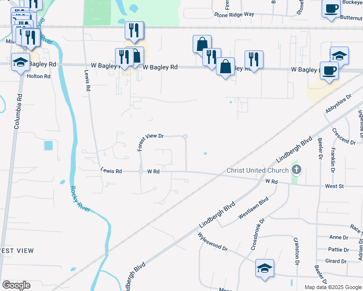 map of restaurants, bars, coffee shops, grocery stores, and more near 8435 Forest View Drive in Olmsted Falls