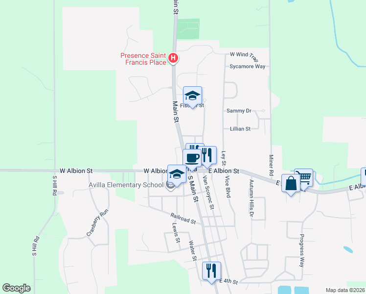 map of restaurants, bars, coffee shops, grocery stores, and more near 162 North Main Street in Avilla