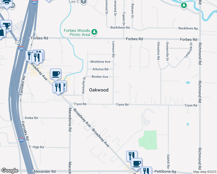 map of restaurants, bars, coffee shops, grocery stores, and more near 7318 Lamson Road in Bedford