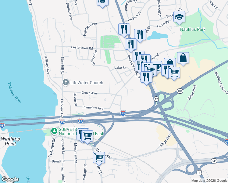 map of restaurants, bars, coffee shops, grocery stores, and more near 202 Grove Avenue in Groton