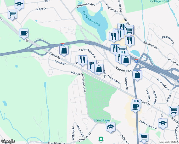 map of restaurants, bars, coffee shops, grocery stores, and more near 655 Broad Street in New London
