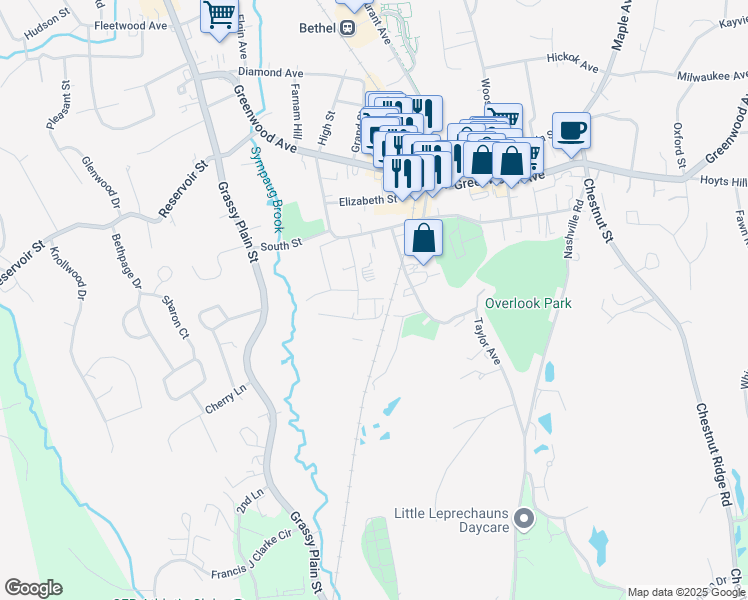 map of restaurants, bars, coffee shops, grocery stores, and more near 30 Henry Street in Bethel