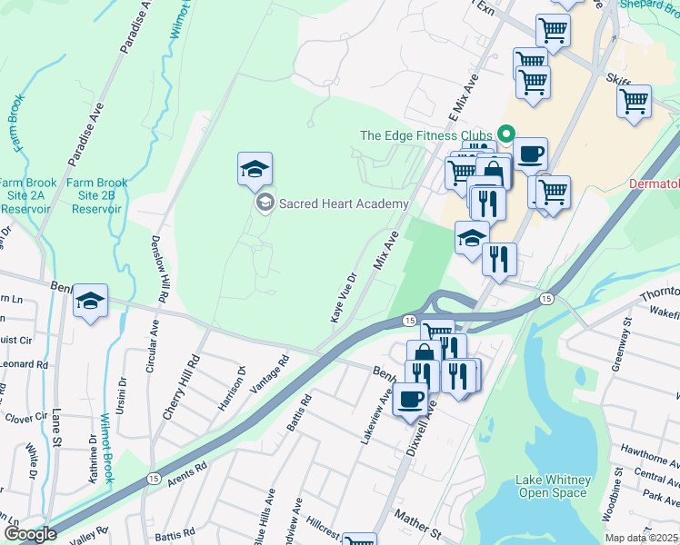 map of restaurants, bars, coffee shops, grocery stores, and more near 75 Kaye Vue Drive in Hamden