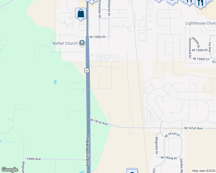 map of restaurants, bars, coffee shops, grocery stores, and more near 13927 Wicker Avenue in Cedar Lake