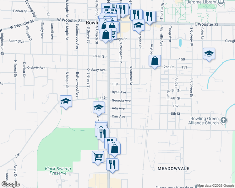 map of restaurants, bars, coffee shops, grocery stores, and more near 137 Georgia Avenue in Bowling Green