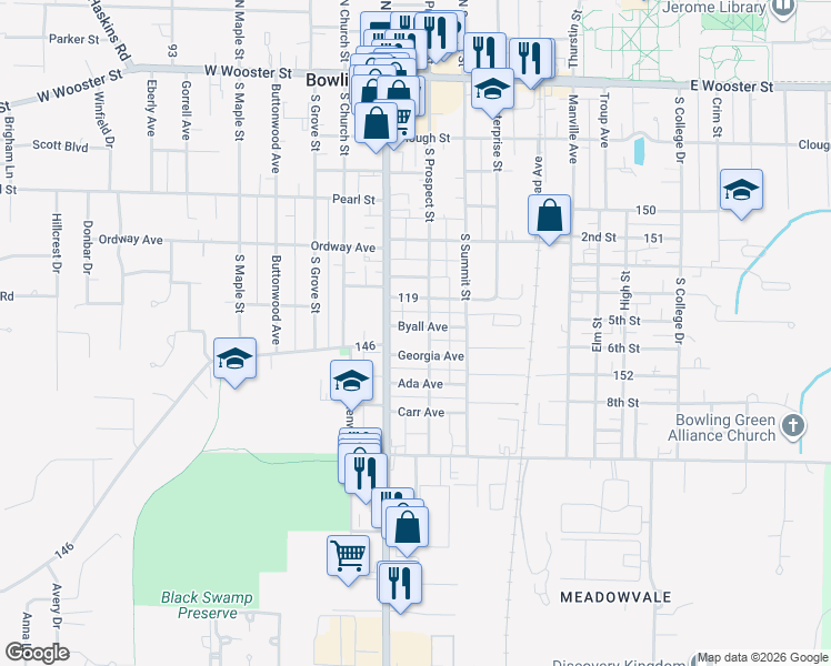 map of restaurants, bars, coffee shops, grocery stores, and more near 137 Georgia Avenue in Bowling Green