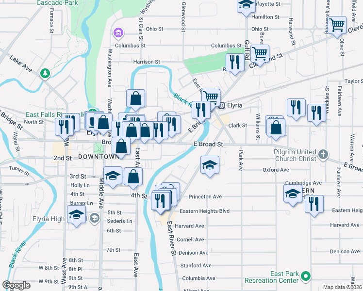 map of restaurants, bars, coffee shops, grocery stores, and more near 70 Broad Street in Elyria