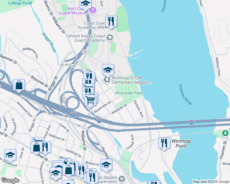map of restaurants, bars, coffee shops, grocery stores, and more near 17 Bolles Avenue in New London
