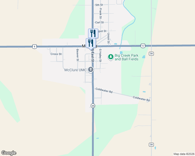 map of restaurants, bars, coffee shops, grocery stores, and more near 515 South East Street in McClure