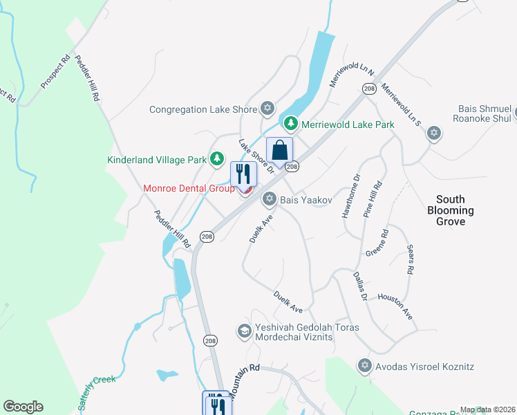 map of restaurants, bars, coffee shops, grocery stores, and more near 6 Duelk Avenue in Monroe