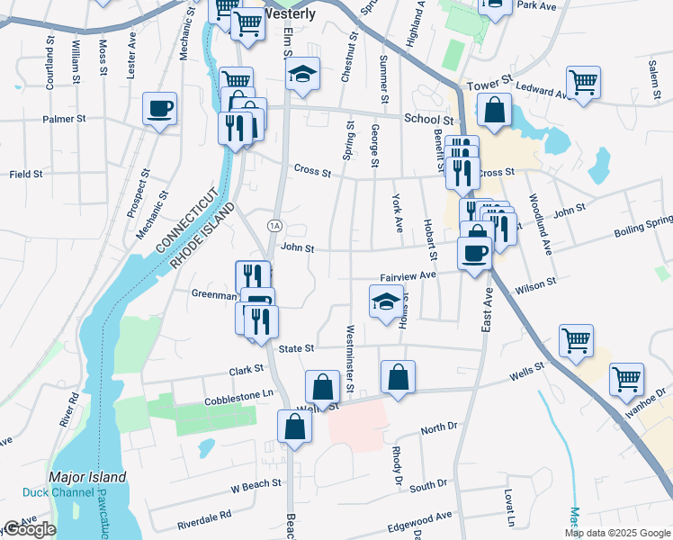 map of restaurants, bars, coffee shops, grocery stores, and more near 64 Fairview Avenue in Westerly