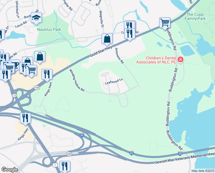 map of restaurants, bars, coffee shops, grocery stores, and more near 15 Crown Knoll Court in Groton