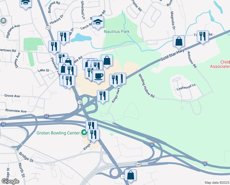 map of restaurants, bars, coffee shops, grocery stores, and more near 135 Kings Highway in Groton
