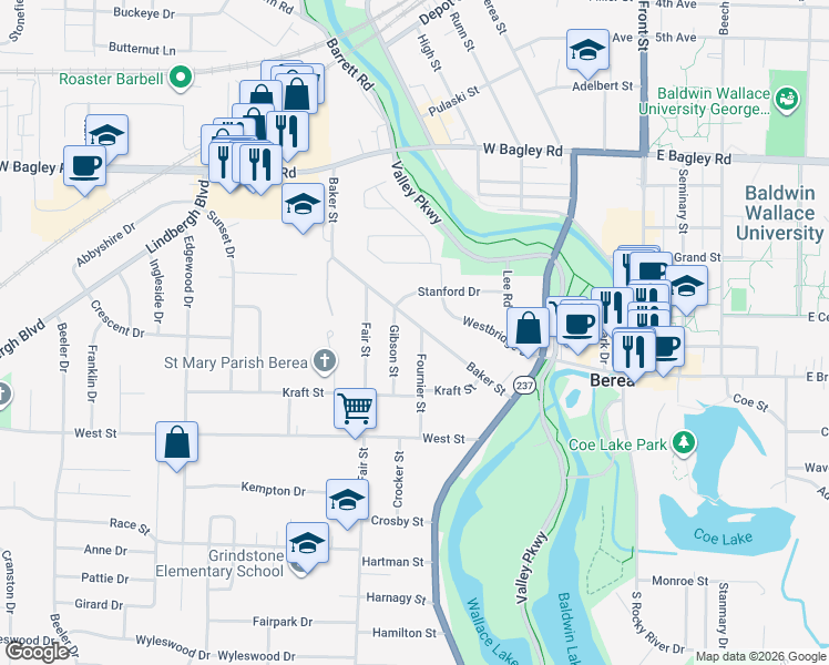 map of restaurants, bars, coffee shops, grocery stores, and more near 125 Baker Street in Berea