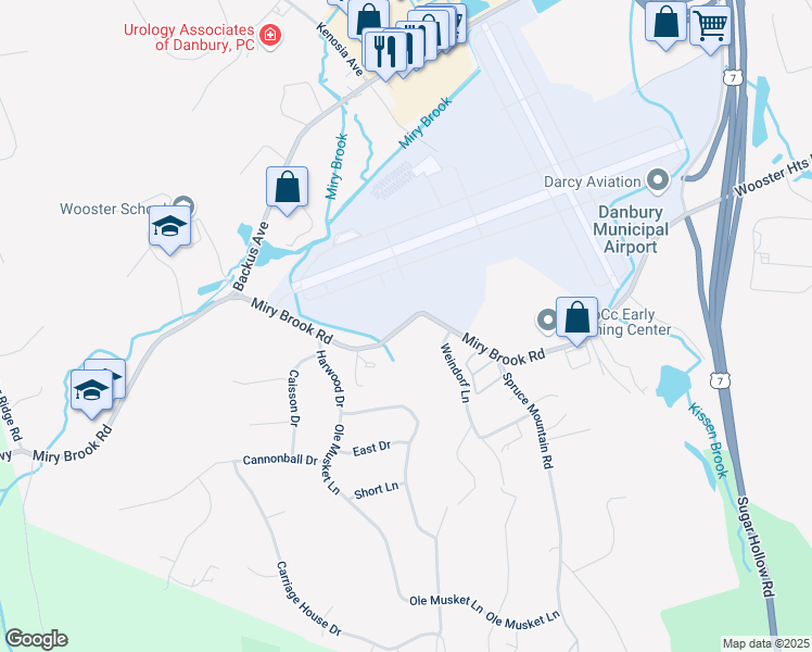 map of restaurants, bars, coffee shops, grocery stores, and more near 52 Miry Brook Road in Danbury