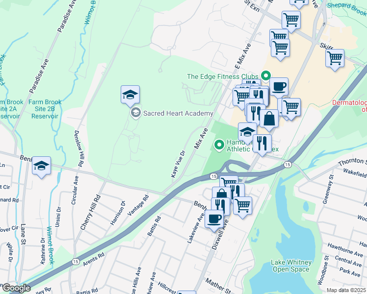 map of restaurants, bars, coffee shops, grocery stores, and more near 511 Mix Avenue in Hamden