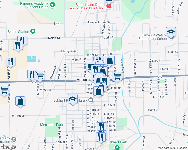 map of restaurants, bars, coffee shops, grocery stores, and more near 208 West 7th Street in Auburn