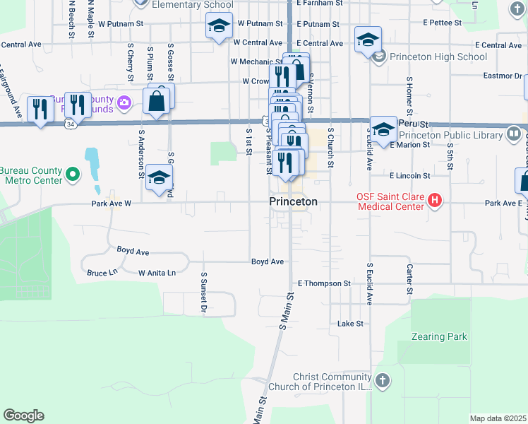 map of restaurants, bars, coffee shops, grocery stores, and more near 801-903 S Pleasant St in Princeton