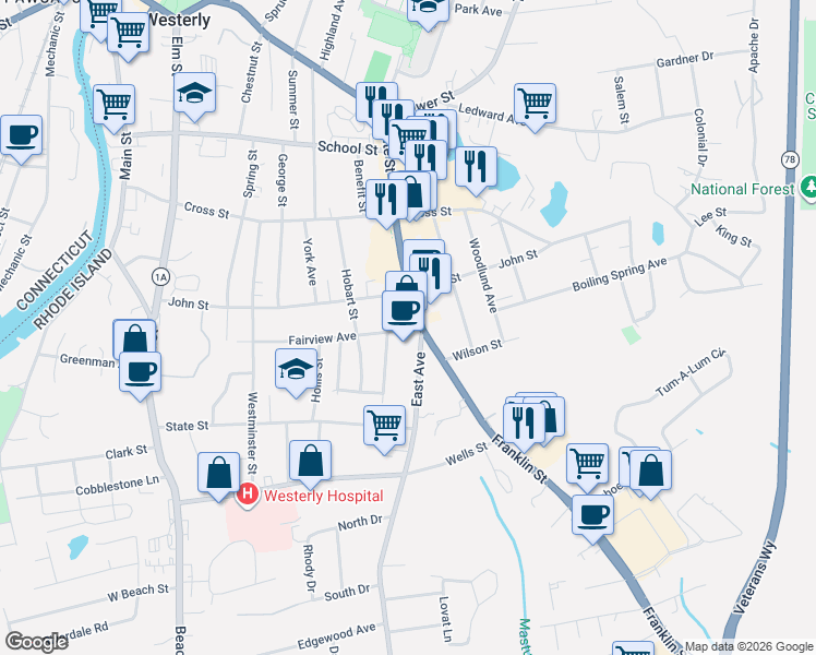 map of restaurants, bars, coffee shops, grocery stores, and more near 165 Granite Street in Westerly