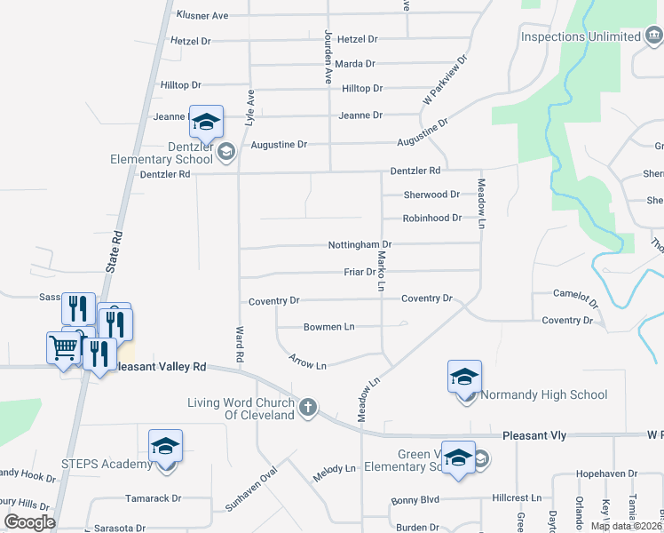 map of restaurants, bars, coffee shops, grocery stores, and more near 3111 Friar Drive in Parma