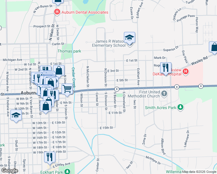 map of restaurants, bars, coffee shops, grocery stores, and more near 709 East 7th Street in Auburn