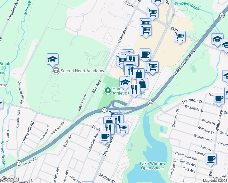 map of restaurants, bars, coffee shops, grocery stores, and more near 2040 Dixwell Avenue in Hamden