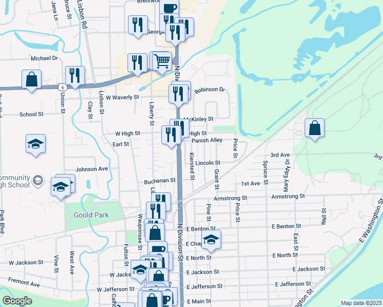 map of restaurants, bars, coffee shops, grocery stores, and more near 1203 Kiersted Street in Morris