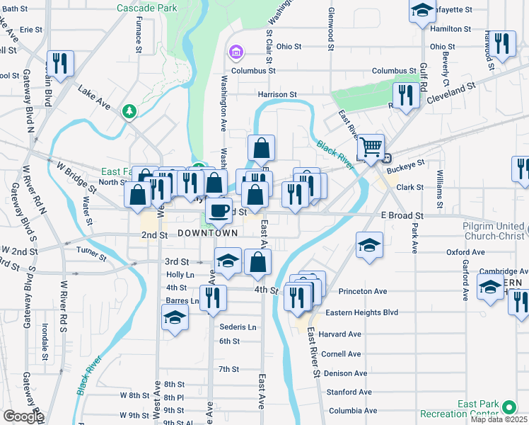 map of restaurants, bars, coffee shops, grocery stores, and more near in Elyria