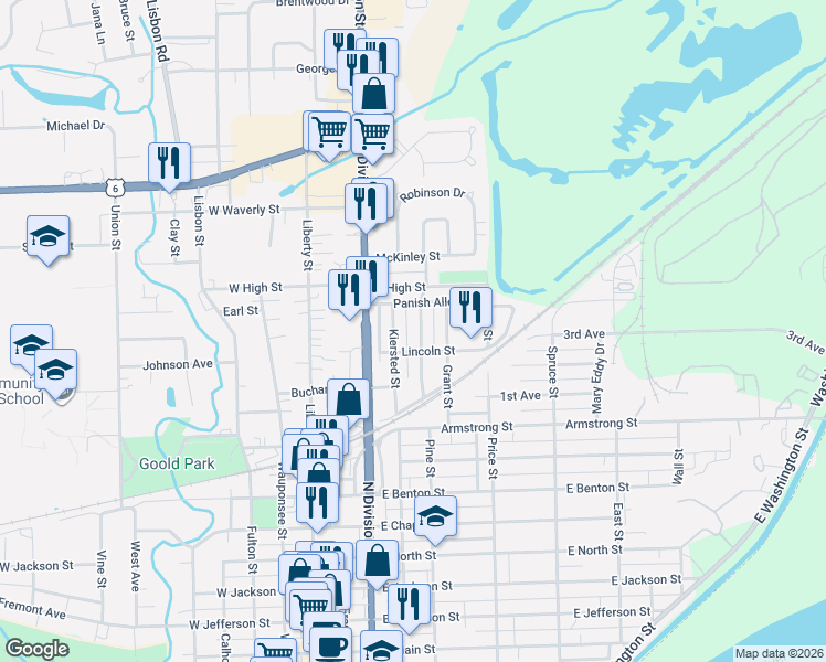 map of restaurants, bars, coffee shops, grocery stores, and more near 1203 Kiersted Street in Morris