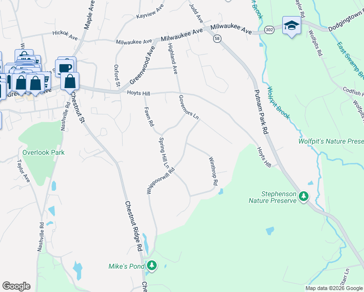 map of restaurants, bars, coffee shops, grocery stores, and more near 17 Whippoorwill Road in Bethel