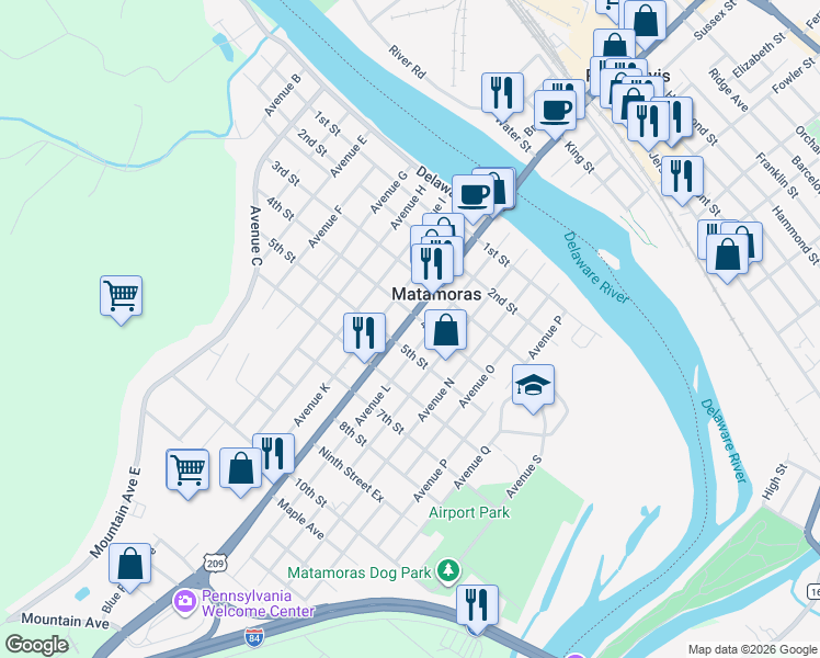 map of restaurants, bars, coffee shops, grocery stores, and more near 5th Street in Matamoras