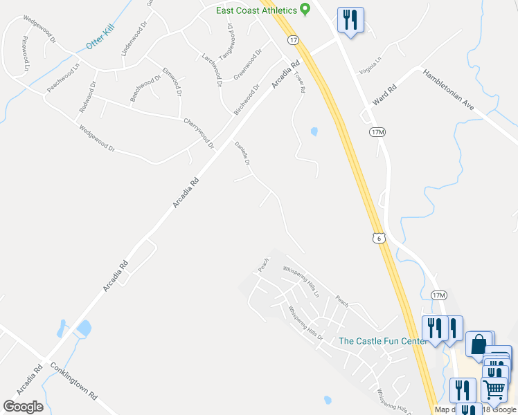 map of restaurants, bars, coffee shops, grocery stores, and more near Jessica Court in Goshen