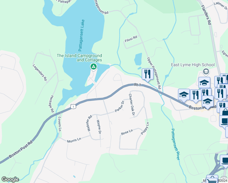 map of restaurants, bars, coffee shops, grocery stores, and more near 28 Parker Drive in East Lyme