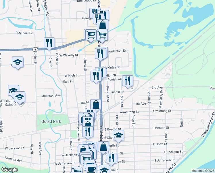 map of restaurants, bars, coffee shops, grocery stores, and more near 1203 Kiersted Street in Morris