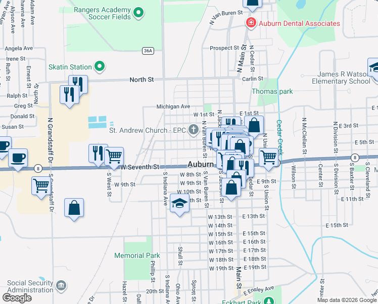 map of restaurants, bars, coffee shops, grocery stores, and more near 334-338 West 4th Street in Auburn