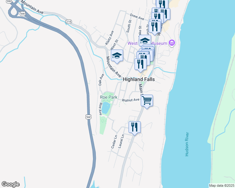 map of restaurants, bars, coffee shops, grocery stores, and more near 9 Wyandotte Avenue in Highland Falls