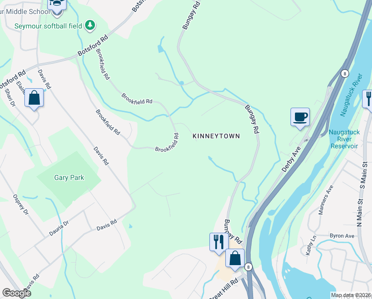map of restaurants, bars, coffee shops, grocery stores, and more near 6 Cross Creek Lane in Seymour