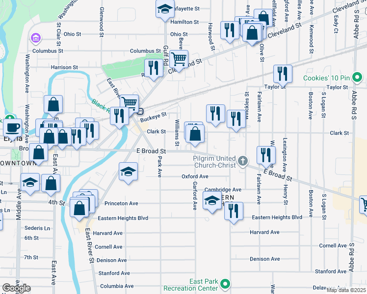 map of restaurants, bars, coffee shops, grocery stores, and more near 161 Clark Street in Elyria