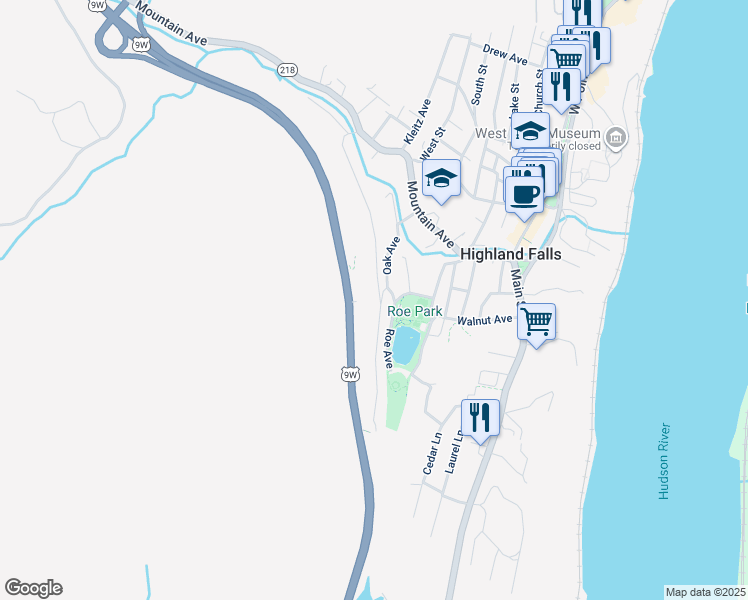 map of restaurants, bars, coffee shops, grocery stores, and more near 3 Oak Avenue in Highland Falls