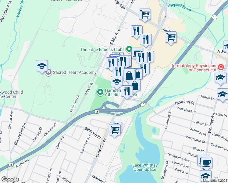 map of restaurants, bars, coffee shops, grocery stores, and more near 2040 Dixwell Avenue in Hamden