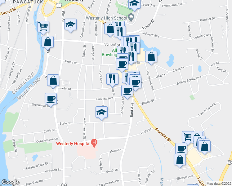 map of restaurants, bars, coffee shops, grocery stores, and more near 24 Hobart Street in Westerly