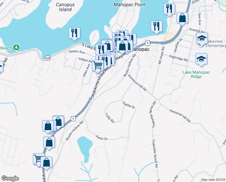 map of restaurants, bars, coffee shops, grocery stores, and more near 273 Bucks Hollow Road in Mahopac